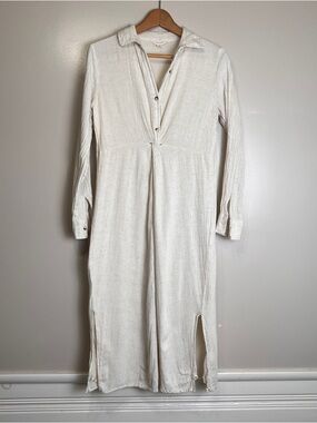 Long Sleeve Button V-Neck Cream Midi Dress